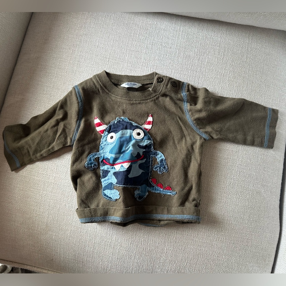 Baby Boden Brown Long Sleeve Tee with Monster Design
